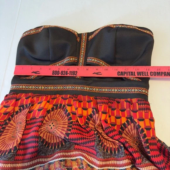 Sans Souci Strapless Maxi Dress Orange Red Tribal Geometric Cutout Size Medium - Picture 6 of 11